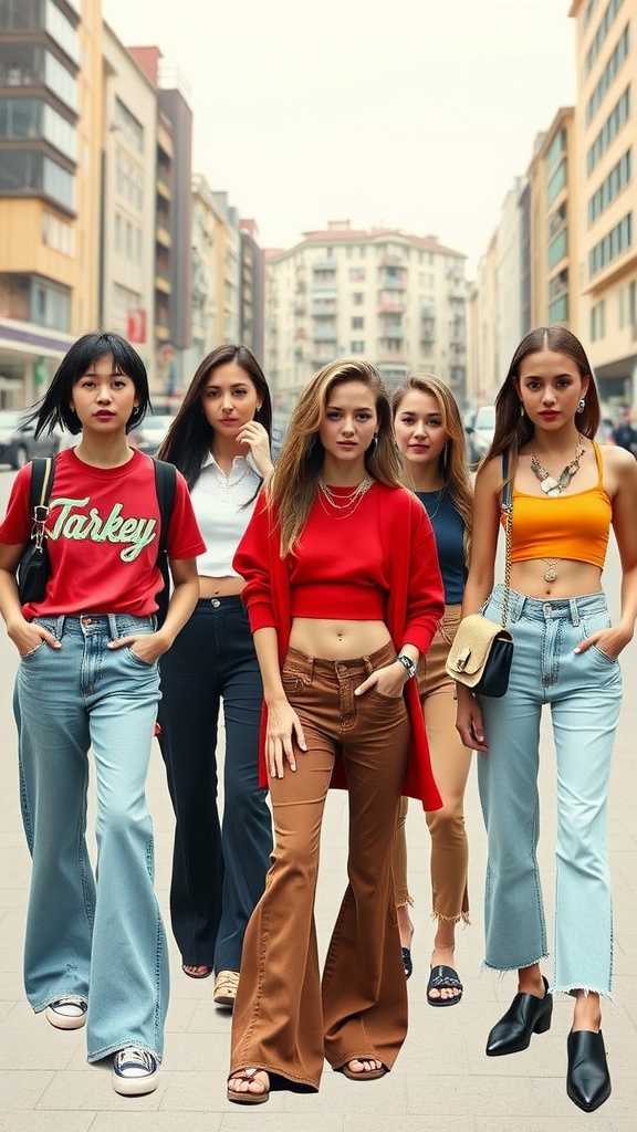 Collage of trendy 2000s Turkish fashion with baggy jeans, crop tops, and accessories.